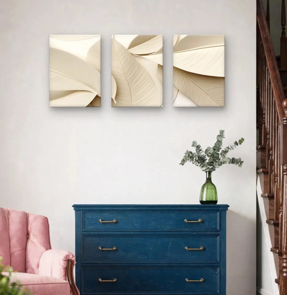 3pcs Elegant Neutral Minimalist Leaf Beige Wall Art Set Canvas Framed 60x90cm - High Quality Print 100% Australian Made Wall Canvas Ready to Hang
