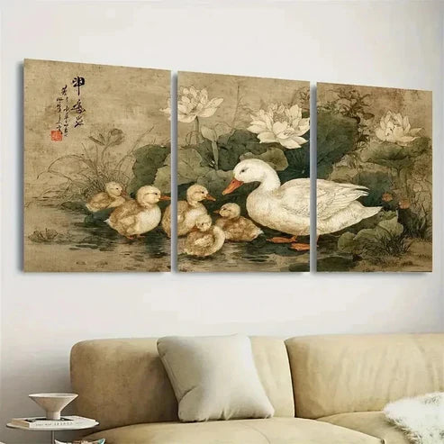 3pcs Vintage Japanese Duck and Ducklings Wall Art Set Canvas Unframed - High Quality Print 100% Australian Made Wall Canvas