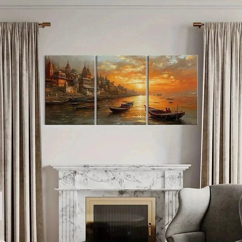 3pcs Sunset Cityscape with Golden Sky Reflection Wall Art Set Canvas Framed 60x90cm - High Quality Print 100% Australian Made Wall Canvas Ready to Hang