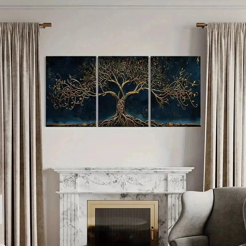 3pcs Golden Tree of Life Intricate Branch Wall Art Set Canvas Framed 40x60cm - High Quality Print 100% Australian Made Wall Canvas Ready to Hang