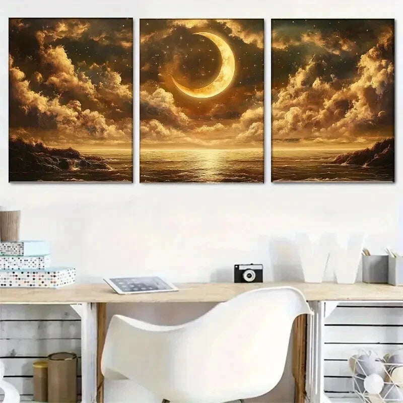 3pcs Golden Moon & Star Reflecting on Stormy Sea Wall Art Set Canvas Framed 40x60cm - High Quality Print 100% Australian Made Wall Canvas Ready to Hang