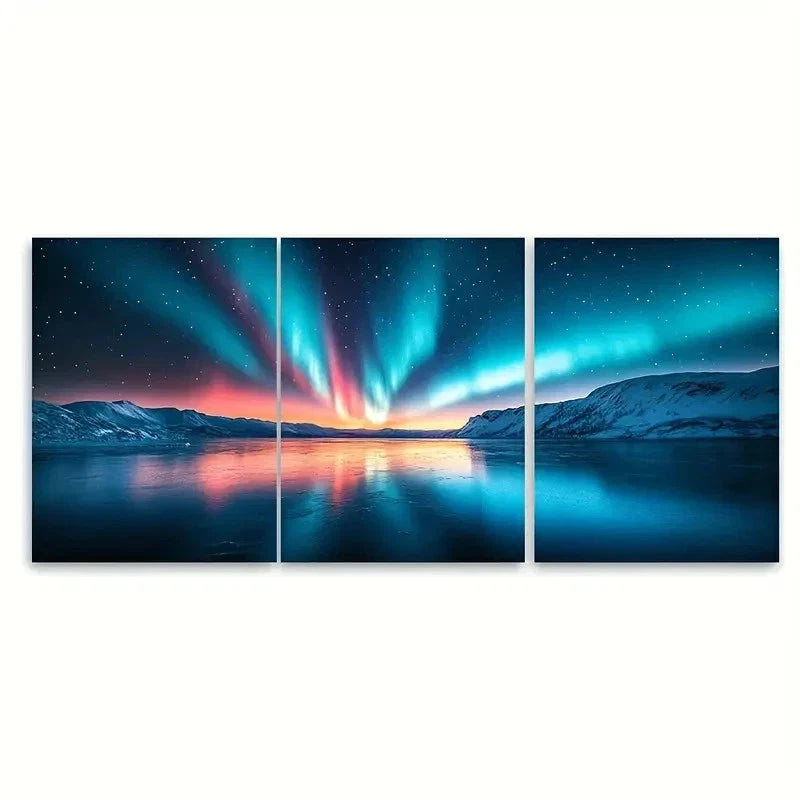 3pcs Aurora Borealis Snow Landscape EI Wall Art Set Canvas Framed 50x70cm - High Quality Print 100% Australian Made Wall Canvas Ready to Hang