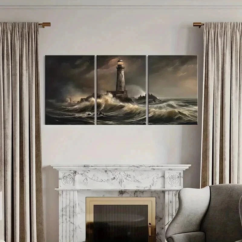 3pcs Stormy Sea Waves Lighthouse Beacon Wall Art Set Canvas Framed 40x60cm - High Quality Print 100% Australian Made Wall Canvas Ready to Hang