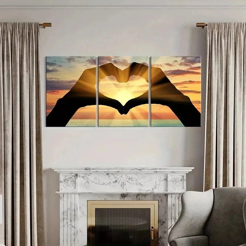 3pcs Hands Forming a Heart with Sunset Wall Art Set Canvas Framed 40x60cm - High Quality Print 100% Australian Made Wall Canvas Ready to Hang