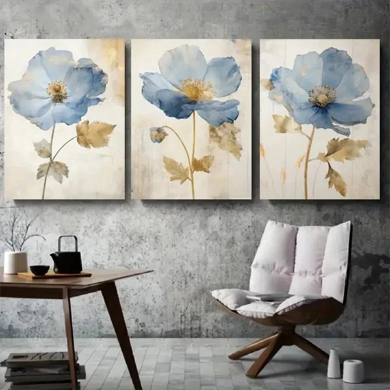 3pcs Blue Floral Modern Botanical Wall Art Set Canvas Framed 60x90cm - High Quality Print 100% Australian Made Wall Canvas Ready to Hang