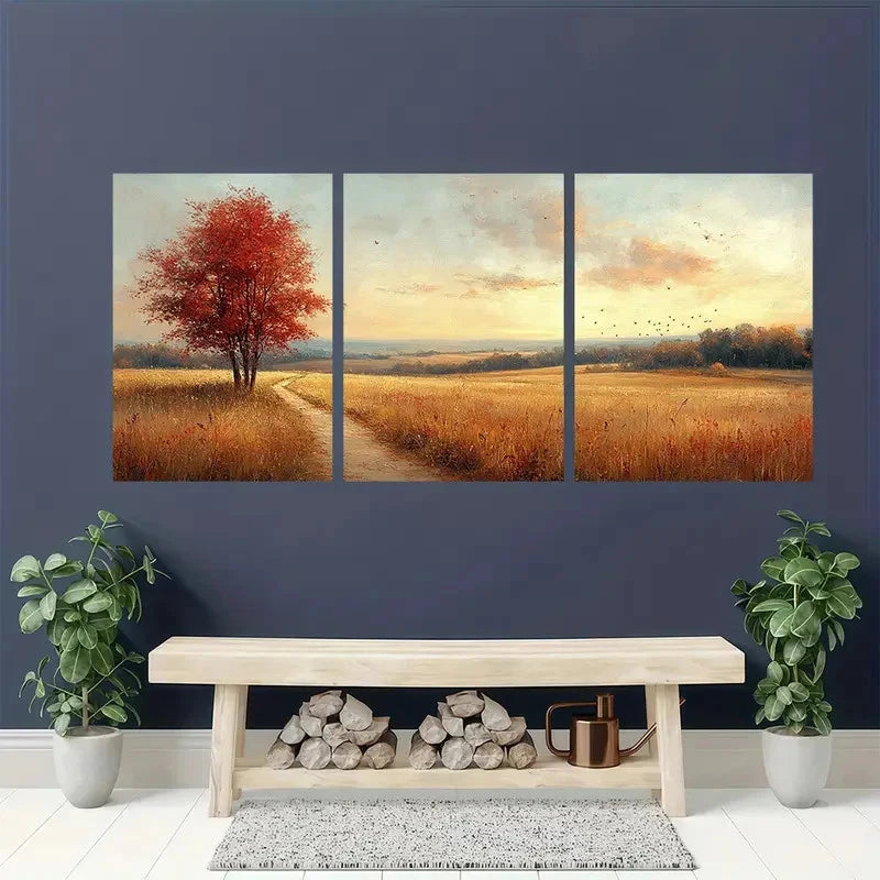 3pcs Vintage Rustic Autumn Landscape Perfect Wall Art Set Canvas Framed 40x60cm - High Quality Print 100% Australian Made Wall Canvas Ready to Hang.