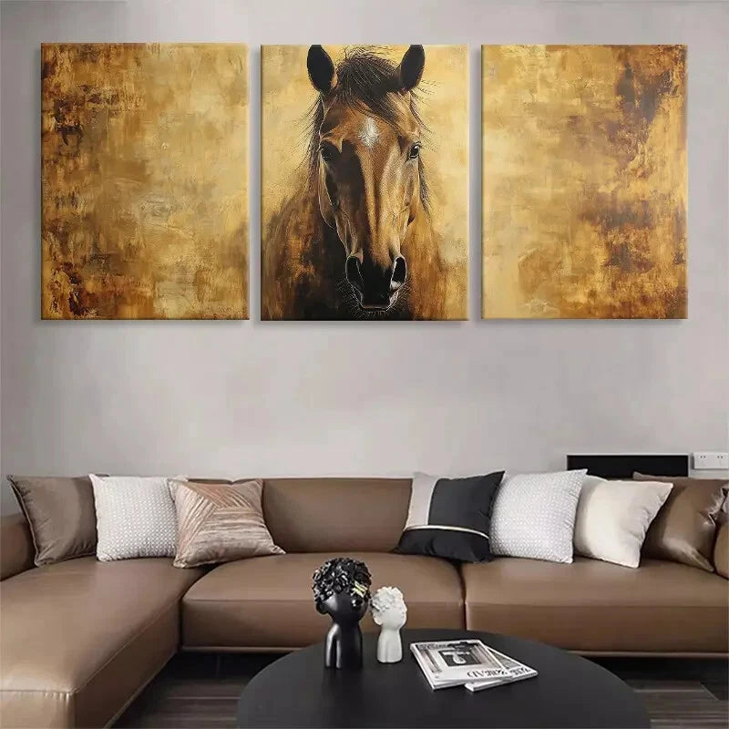 3pcs Horse Portrait Golden Brown Tones Perfect Wall Art Set Canvas Framed 40x60cm - High Quality Print 100% Australian Made Wall Canvas Ready to Hang