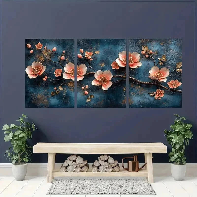 3pcs Elegant Blue And Jinse Huayuan Theme Wall Art Set Canvas Framed 40x60cm - High Quality Print 100% Australian Made Wall Canvas Ready to Hang