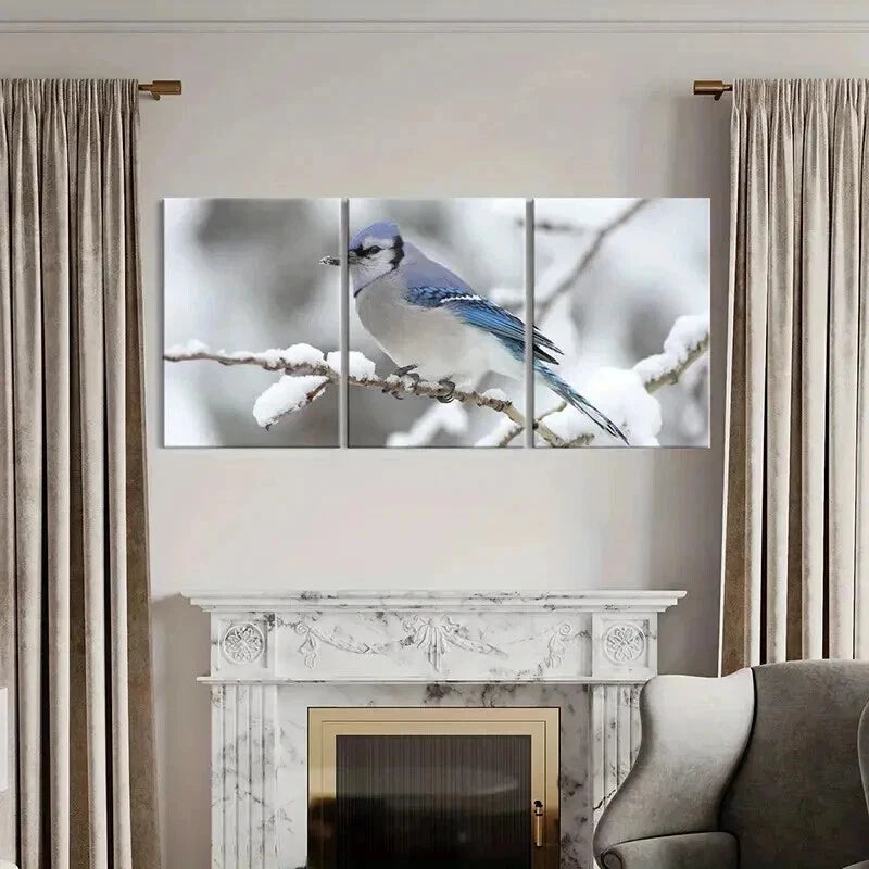 3pcs Blue Bird On A Branch Snowy Scene Wall Art Set Canvas Framed 40x60cm - High Quality Print 100% Australian Made Wall Canvas Ready to Hang