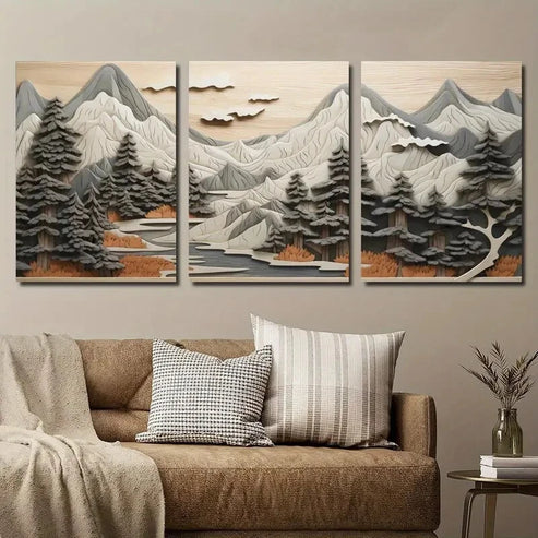 3pcs Forest Scene with Trees and Mountains Wall Art Set Canvas Unframed - High Quality Print 100% Australian Made Wall Canvas