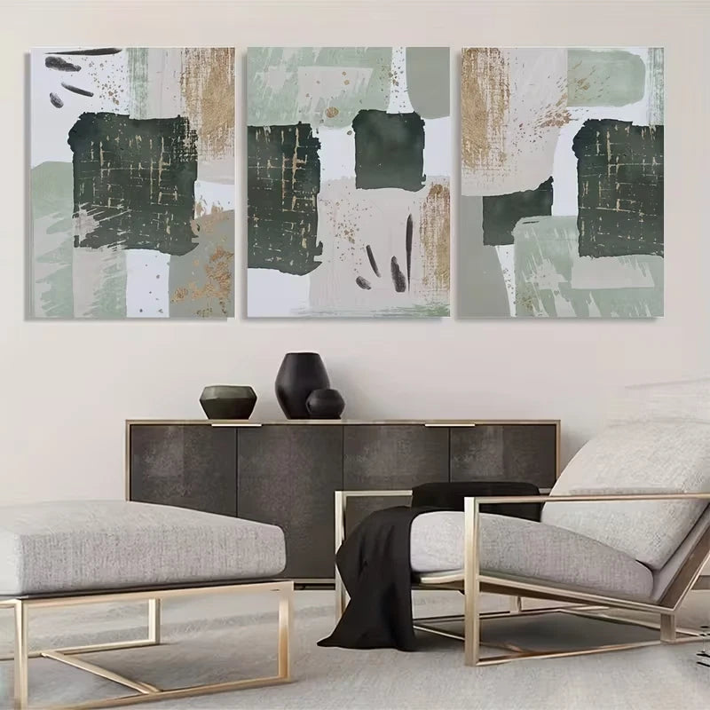 3pcs Green and Golden Watercolor Shape Wall Art Set Canvas Framed 60x90cm - High Quality Print 100% Australian Made Wall Canvas Ready to Hang