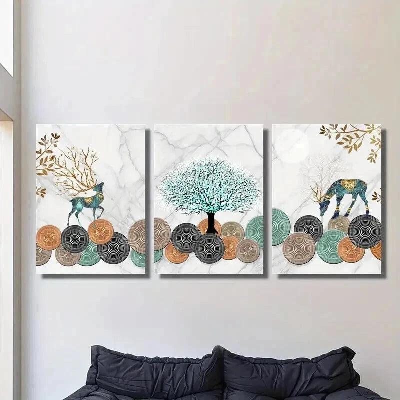 3pcs Ginkgo Leaf Golden Geometric Elk Wall Art Set Canvas Framed 40x60cm - High Quality Print 100% Australian Made Wall Canvas Ready to Hang
