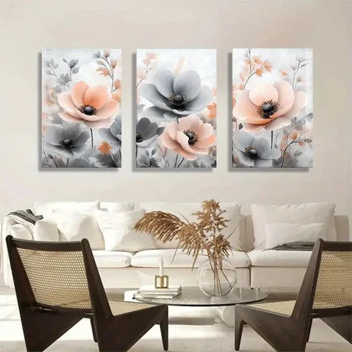 3pcs Elegant Pink & Gray Flower Designs Perfect Wall Art Canvas Unframed - High Quality Print 100% Australian Made Wall Canvas