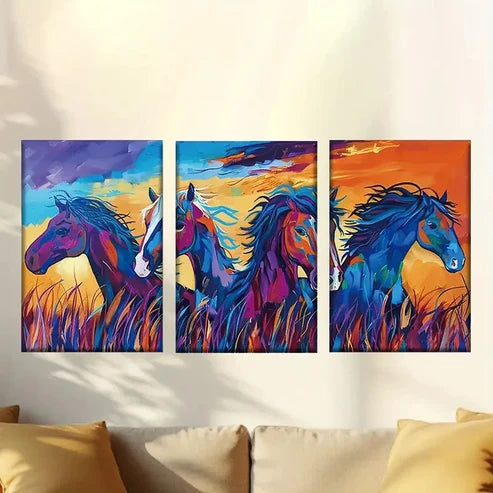 3pcs Colorful Abstract Horse Herd on Grassland Wall Art Set Canvas Unframed – High Quality Print 100% Australian Made Wall Canvas