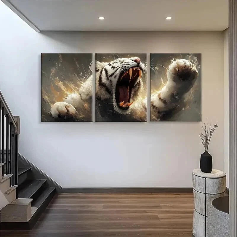 3pcs Fierce White Tiger Powerful Roar Perfect Wall Art Set Canvas Framed 40x60cm - High Quality Print 100% Australian Made Wall Canvas Ready to Hang