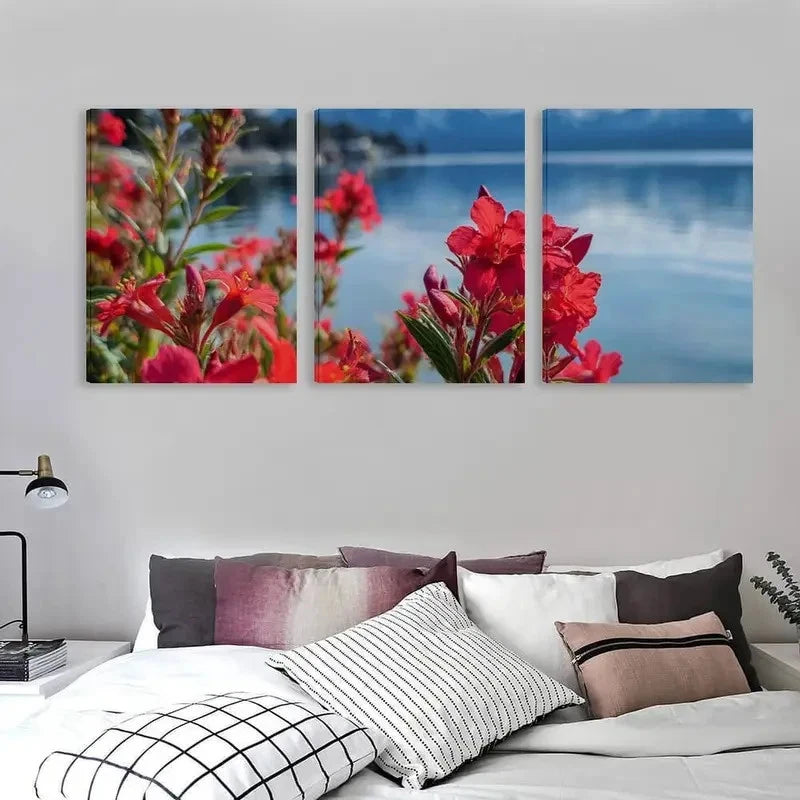 3pcs Vibrant Red Blooms Near Calm Blue Lake Wall Art Set Canvas Framed 60x90cm - High Quality Print 100% Australian Made Wall Canvas Ready to Hang