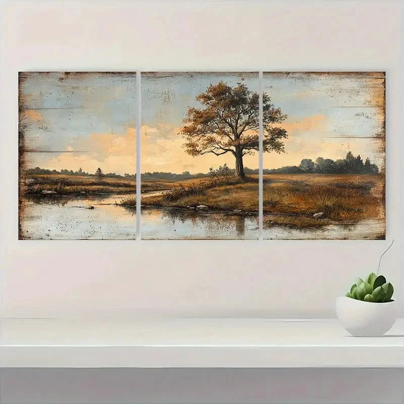 3pcs Countryside Scene with Trees and Water C Wall Art Set Canvas Framed 60x90cm - High Quality Print 100% Australian Made Wall Canvas Ready to Hang