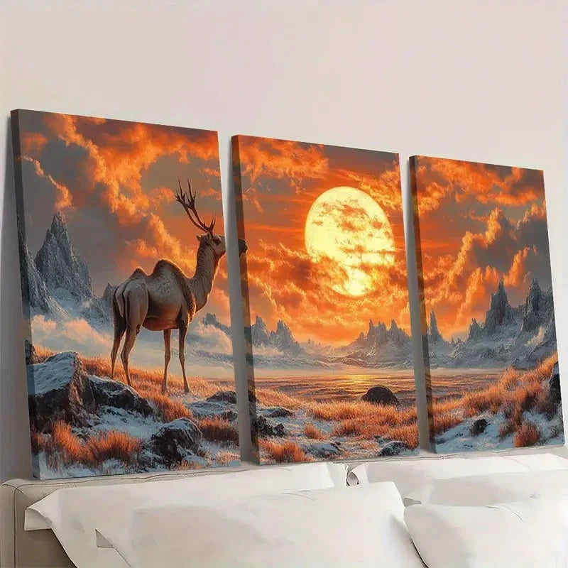 3pcs Majestic Camel & Deer Sunset Scenes Wall Art Set Canvas Framed 40x60cm - High Quality Print 100% Australian Made Wall Canvas Ready to Hang
