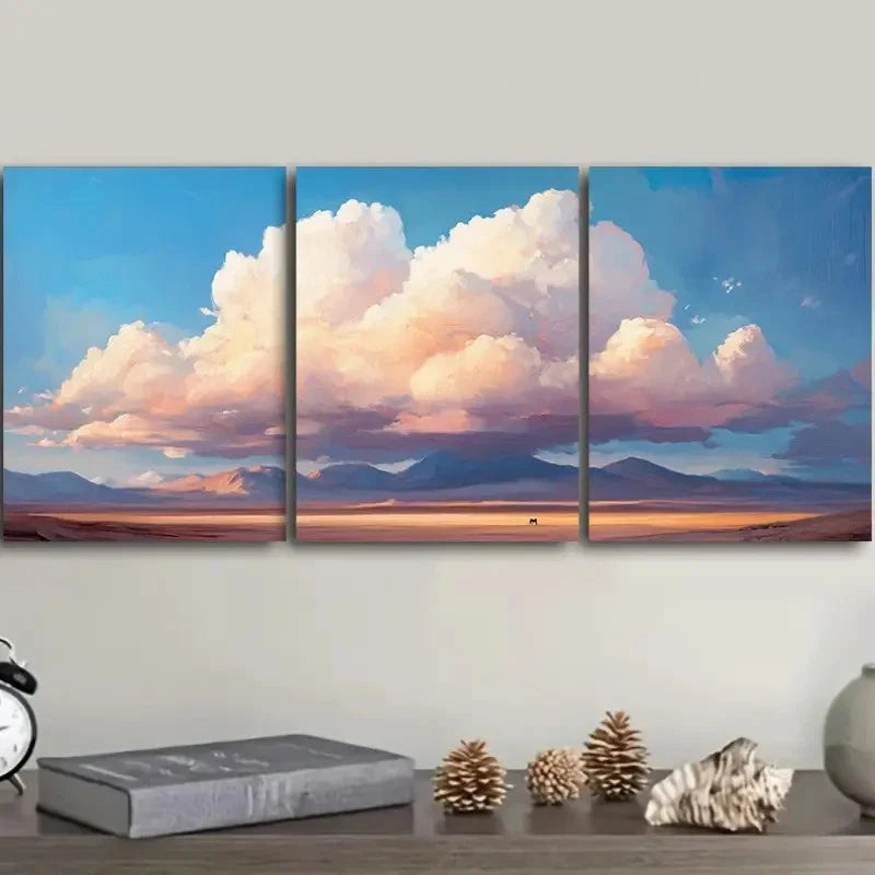 3pcs Fluffy Clouds Over a Vast, Flat Landscape Wall Art Set Canvas Framed 50x70cm - High Quality Print 100% Australian Made Wall Canvas Ready to Hang