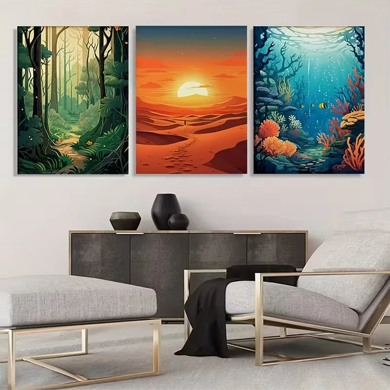 3pcs Nature Scenes: Jungle, Desert & Ocean Wall Art Set Canvas Framed 60x90cm - High Quality Print 100% Australian Made Wall Canvas Ready to Hang