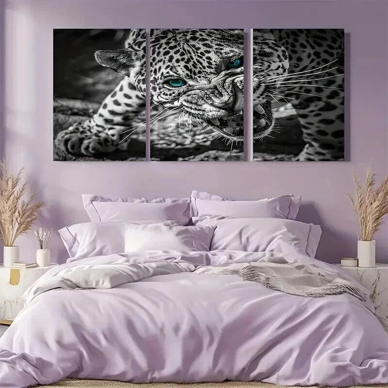 3pcs Black and White Jaguar with Green Eyes Wall Art Set Canvas Framed 40x60cm - High Quality Print 100% Australian Made Wall Canvas Ready to Hang