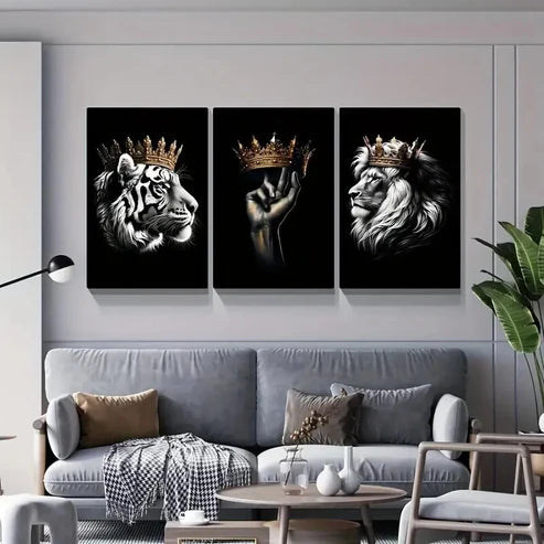 3pcs Crowned Lion and Tiger Decorative Pattern Wall Art Set Canvas Unframed - High Quality Print 100% Australian Made Wall Canvas