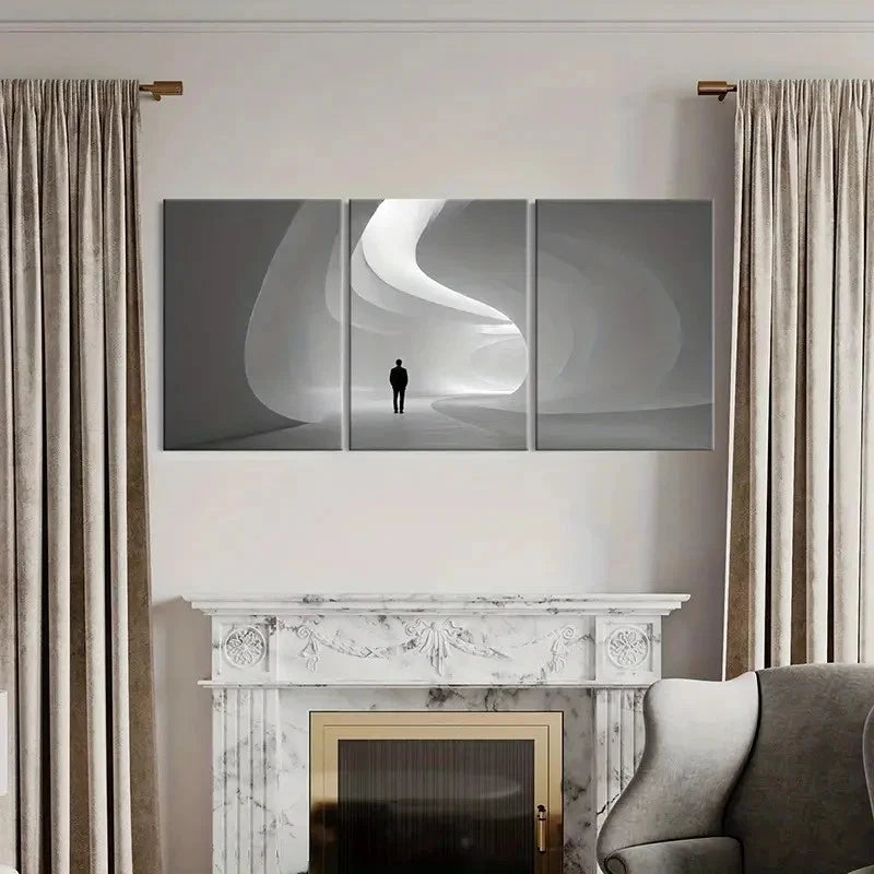 3pcs Man In Futuristic Tunnel Minimalist Design Wall Art Set Canvas Framed 50x70cm - High Quality Print 100% Australian Made Wall Canvas Ready to Hang