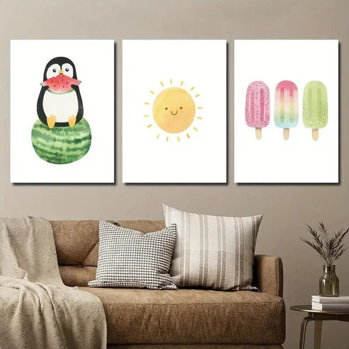 3pcs Baby Penguin on Watermelon Summer Popsicle Wall Art Set Canvas Unframed - High Quality Print 100% Australian Made Wall Canvas