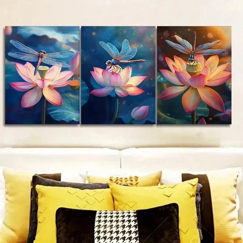3pcs Dragonflies Resting on Lotus Flowers Wall Art Set Canvas Unframed - High Quality Print 100% Australian Made Wall Canvas