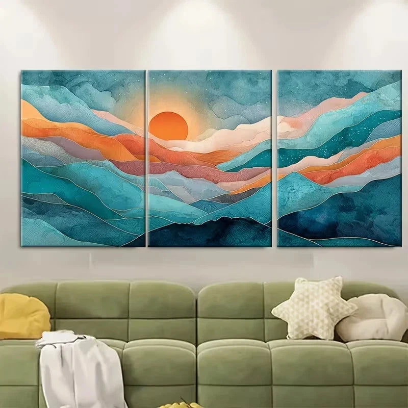 3pcs Watercolor Sun Painting Wall Art Set Canvas Framed 40x60cm – High Quality Print 100% Australian Made Wall Canvas Ready to Hang