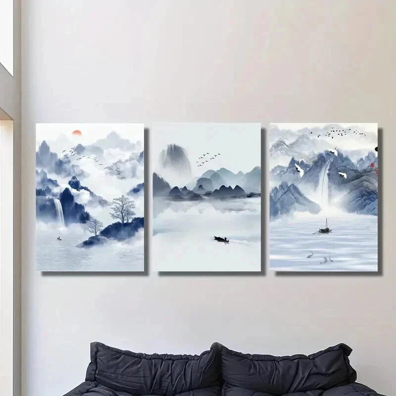 3pcs Sky Blue Boat Water & Mountain Landscape Wall Art Set Canvas Framed 40x60cm - High Quality Print 100% Australian Made Wall Canvas Ready to Hang