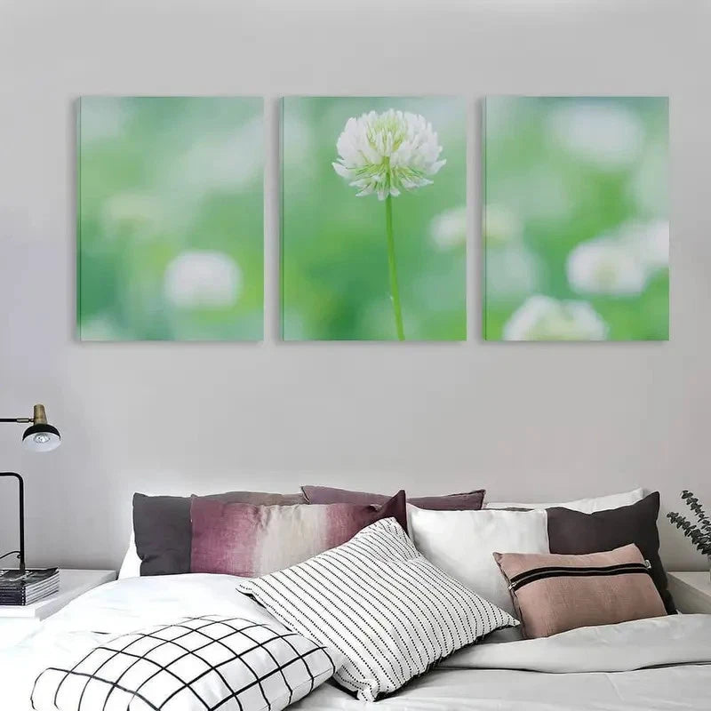 3pcs A Single White Clover In Bloom Wall Art Set Canvas Framed 60x90cm - High Quality Print 100% Australian Made Wall Canvas Ready to Hang