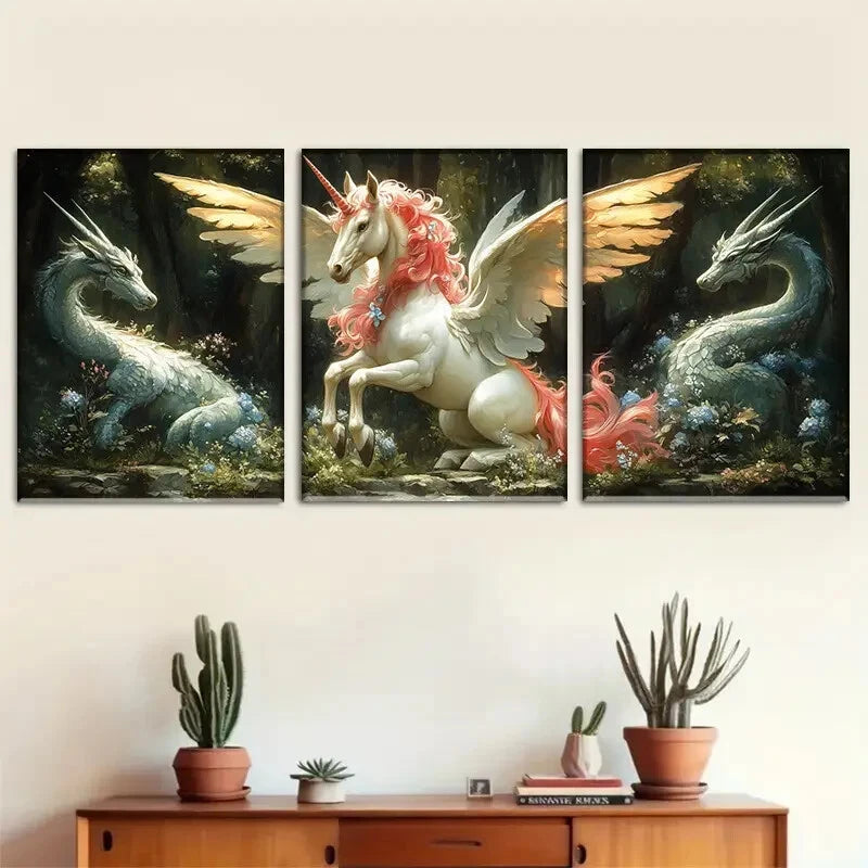 3pcs Unicorn with Wings and Dragons Perfect Wall Art Set Canvas Framed 40x60cm - High Quality Print 100% Australian Made Wall Canvas Ready to Hang