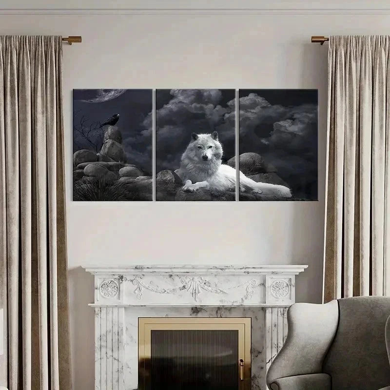 3pcs Wolf Crow Dark Style Vintage Wall Art Set Canvas Framed 40x60cm - High Quality Print 100% Australian Made Wall Canvas Ready to Hang