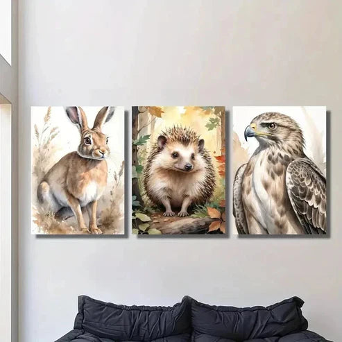 3pcs Aesthetic Watercolor Rabbit Hedgehog Eagle Wall Art Set Canvas Unframed - High Quality Print 100% Australian Made Wall Canvas