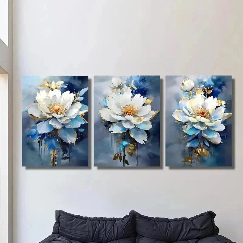 3pcs Modern Luxury Blue and White Floral Wall Art Set Canvas Framed 40x60cm - High Quality Print 100% Australian Made Wall Canvas Ready to Hang
