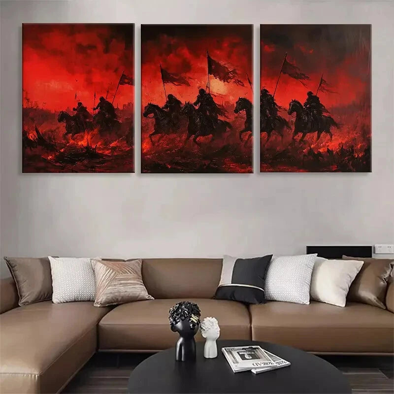 3pcs Red Warrior Cavalry Horsemen Flags Perfect Wall Art Set Canvas Framed 40x60cm - High Quality Print 100% Australian Made Wall Canvas Ready to Hang