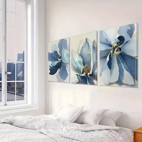 3pcs Blue Floral Canvas Wall Art Set Canvas Framed 60X90cm - High Quality Print 100% Australian Made Wall Canvas Ready to Hang
