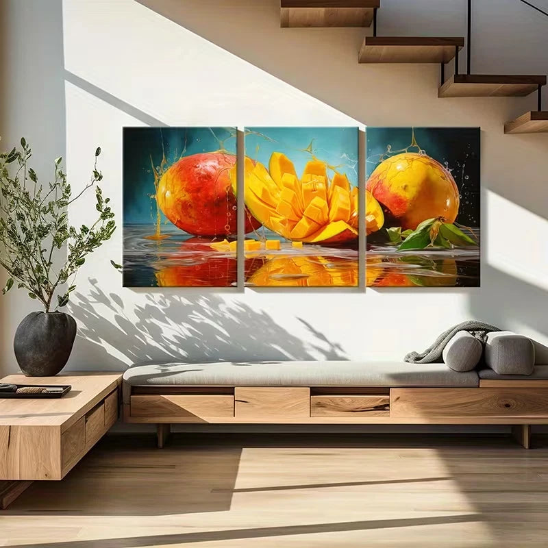 3pcs Mango Splash Reflection Vibrant Abstract Wall Art Set Canvas Framed 60x90cm - High Quality Print 100% Australian Made Wall Canvas Ready to Hang