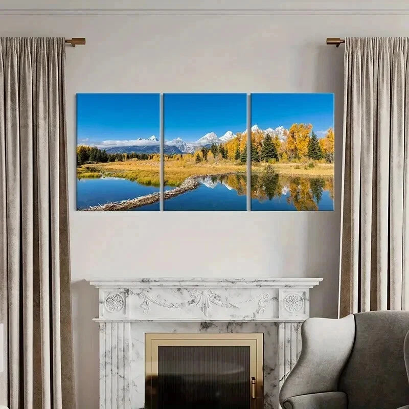 3pcs Autumn Mountain Lake Forest Modern Wall Art Set Canvas Framed 40x60cm - High Quality Print 100% Australian Made Wall Canvas Ready to Hang