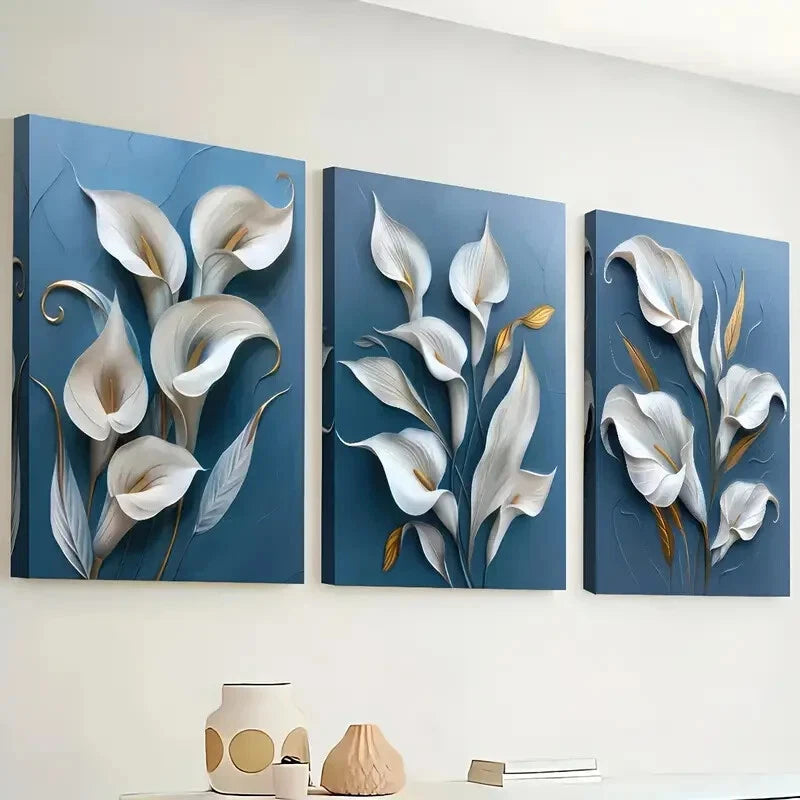 3pcs Modern Floral Blue Minimalist Perfect Wall Art Set Canvas Framed 40x60cm - High Quality Print 100% Australian Made Wall Canvas Ready to Hang