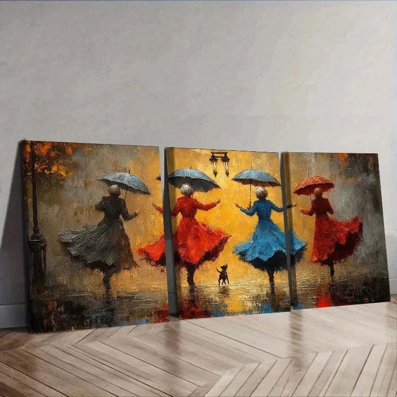 3pcs Women Dancing in the Rain Theme Wall Art Set Canvas Framed 50x70cm - High Quality Print 100% Australian Made Wall Canvas Ready to Hang