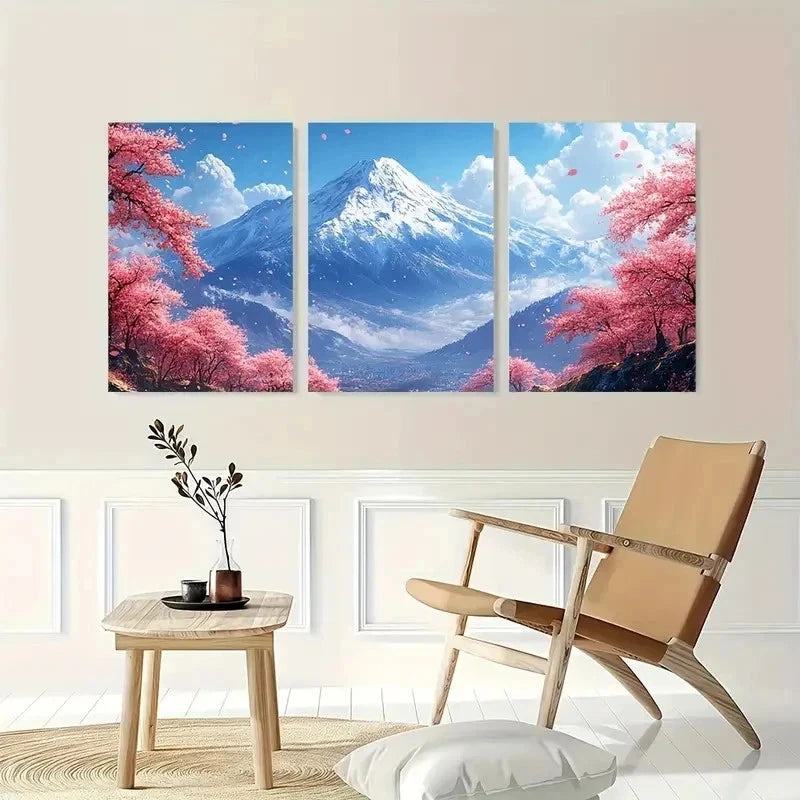 3pcs Cherry Blossom Mountain Nature Perfect Wall Art Set Canvas Framed 40x60cm - High Quality Print 100% Australian Made Wall Canvas Ready to Hang