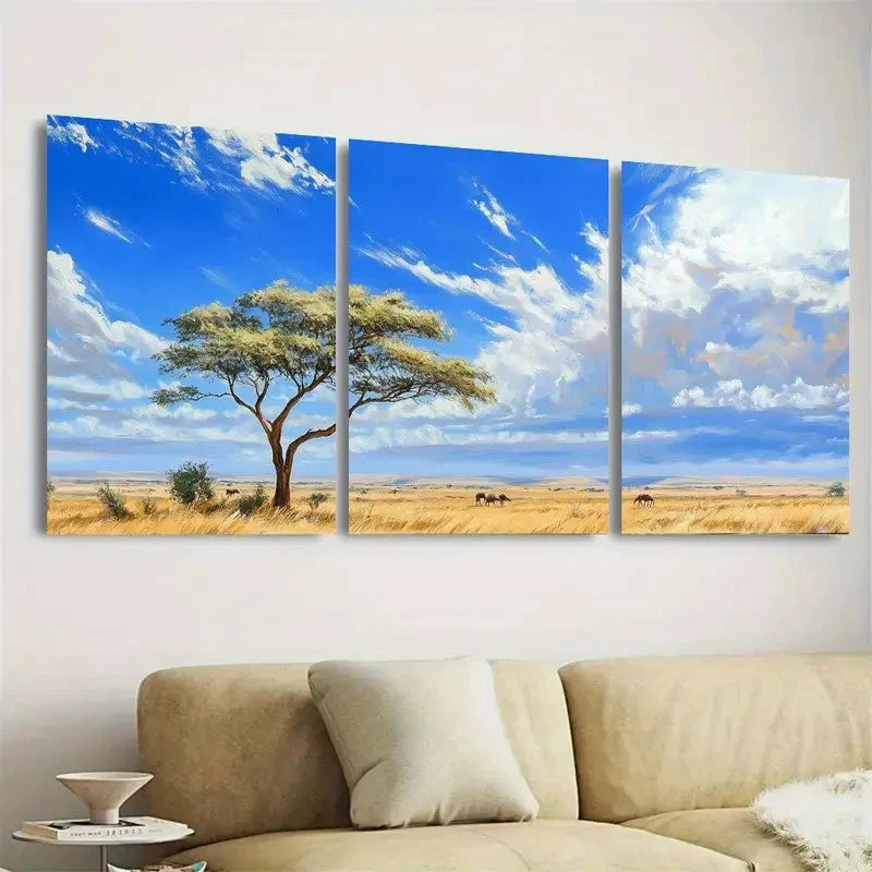 3pcs Blue Sky with Acacia Tree & Wildlife Wall Art Set Canvas Framed 50x70cm - High Quality Print 100% Australian Made Wall Canvas Ready to Hang