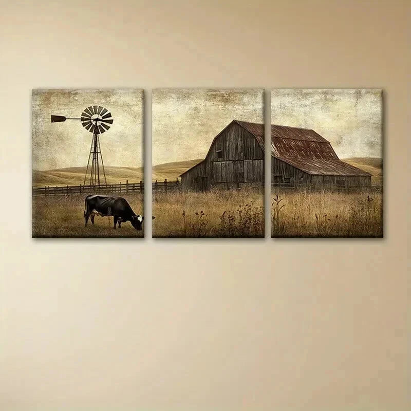 3pcs Barn And Windmill Scene with Cows Wall Art Set Canvas Framed 40x60cm - High Quality Print 100% Australian Made Wall Canvas Ready to Hang