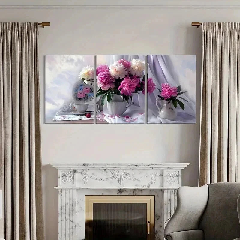 3pcs Vintage Art with Pink Peonies in Vase Wall Art Set Canvas Framed 40x60cm - High Quality Print 100% Australian Made Wall Canvas Ready to Hang