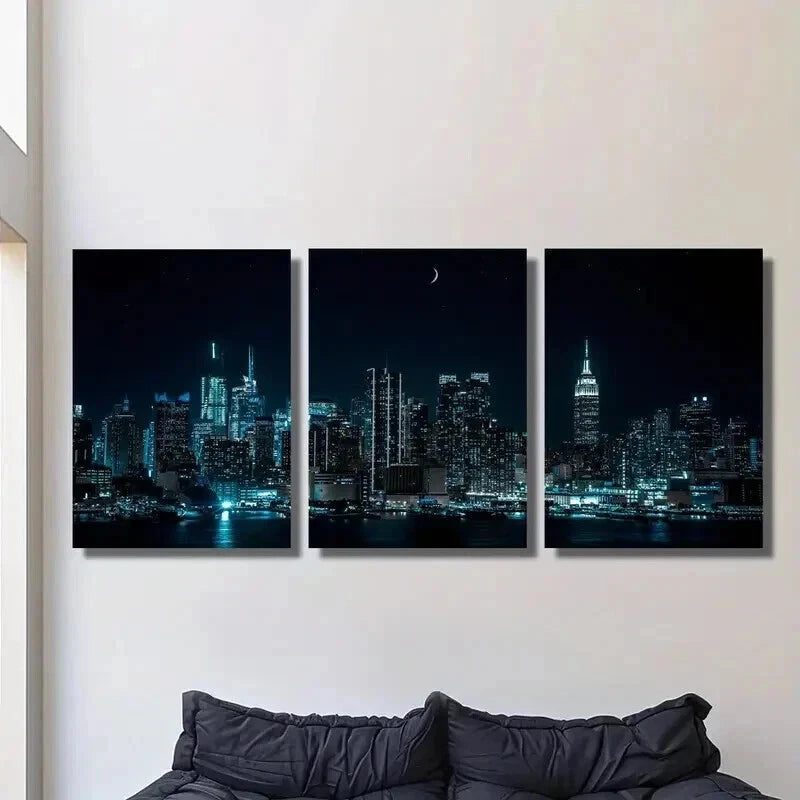 3pcs Night Moon Cityscape Skyscrapers Wall Art Set Canvas Framed 40x60cm - High Quality Print 100% Australian Made Wall Canvas Ready to Hang