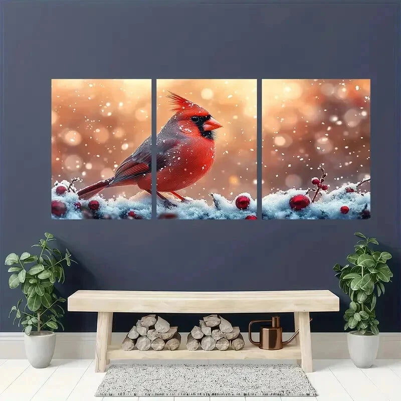 3pcs Vibrant Cardinal in Snowflakes & Berries Wall Art Set Canvas Framed 40x60cm - High Quality Print 100% Australian Made Wall Canvas Ready to Hang