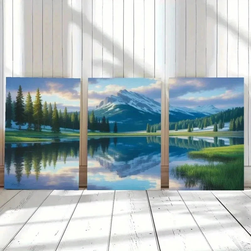 3pcs Mountains, Pine Trees, Lake, Reflection Wall Art Set Canvas Framed 40x60cm - High Quality Print 100% Australian Made Wall Canvas Ready to Hang