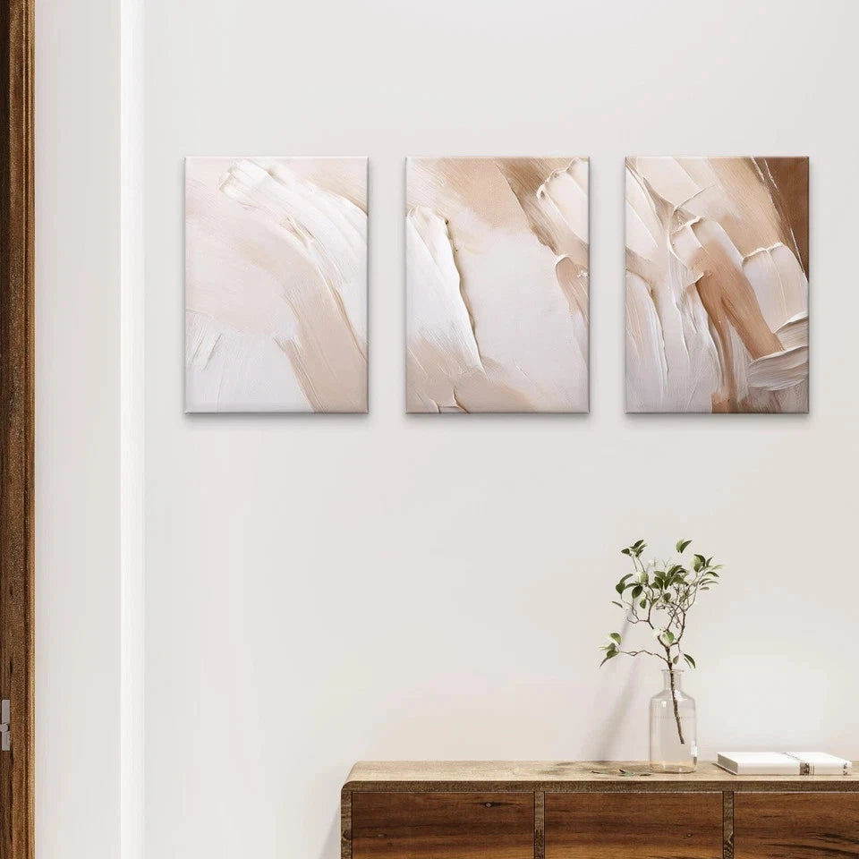 3pcs Modern Minimalist Beige and White Textured Wall Art Set Canvas Framed 50x70cm - High Quality Print 100% Australian Made Wall Canvas Ready to Hang